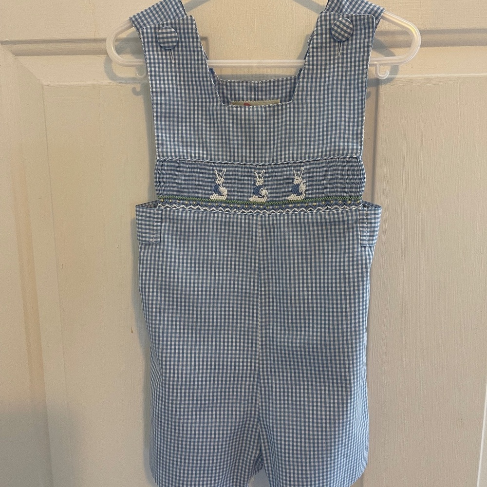 Amanda‎ Remembered Blue Gingham Bunny Smocked Shortall  Boys 12 mo.